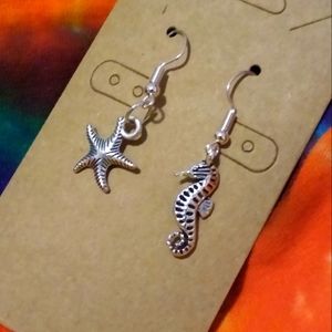 Seahorse Starfish Themed Mismatch Charm Handcrafted Hook Earrings